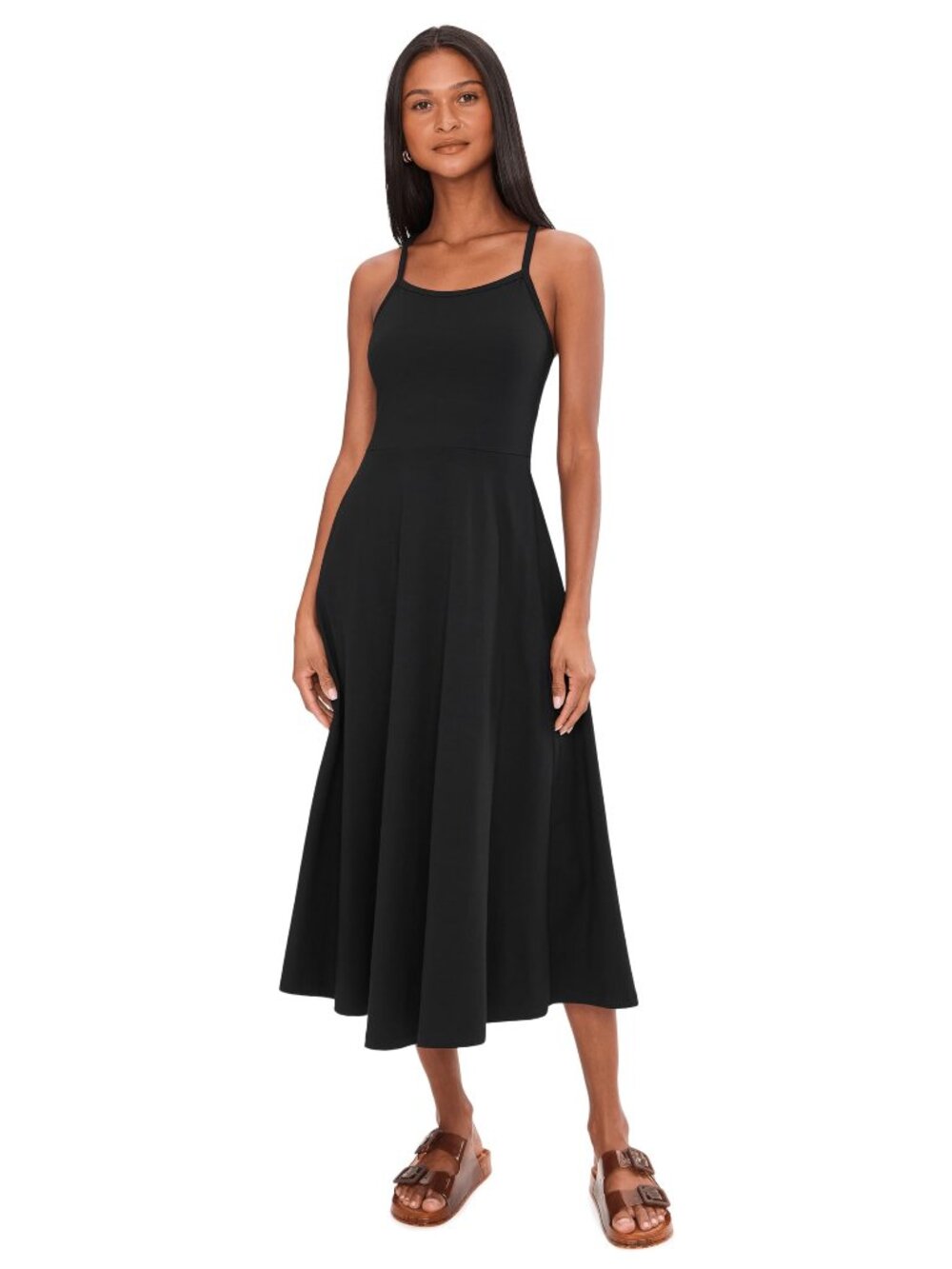 Pact Organic Cotton Fit & Flare Midi Dress (with Built-In Bra) in Black Size S